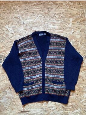 Esprit 90s Vintage Navy Cardigan with Multicolor Fair Isle Panels